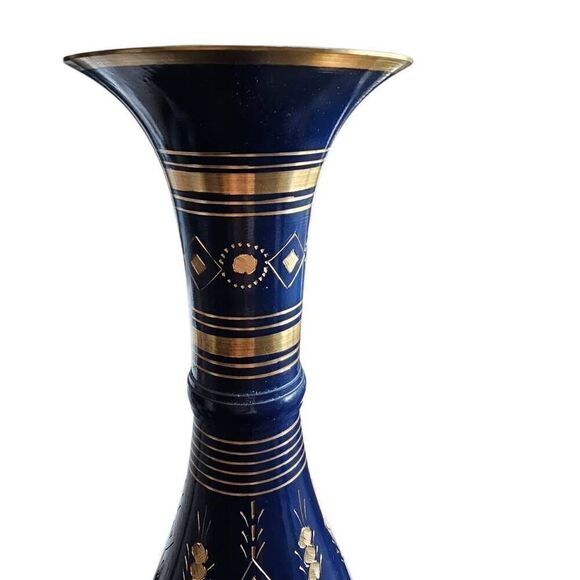 Vintage Brass Vase Damascene made in India Handcrafted Blue and Eteched Gold. Or - Picture 6 of 11